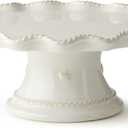 Heritage Scroll Footed Cake Plate Elegant 11.5" x 4.75" Ivory Stoneware Pedestal Stand with Sculpted Rim Display Cakes, Cupcakes, Pies & Pastries in Timeless Style