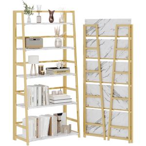 JSB 5 Tier Bookshelf, No Assembly Folding Ladder Bookshelf, 51.6in Tall Foldable Ladder Shelf, Bookcase for Home Office, Living Room,Space-Saving (White & Gold, 5 Tier)