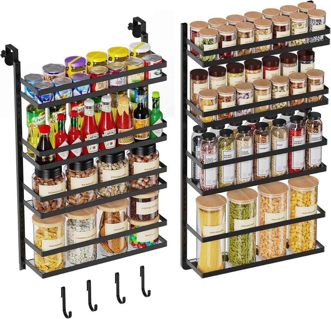 8-Tier-Wall-Mount-Spice-Rack-Organizer W/ Adjustable Basket&Fence, Large Over The Door Spice Seasoning Shelf For Pantry Kitchen, Hanging Spice Organization For Cabinet Door, Bathroom Door Storage (Black)