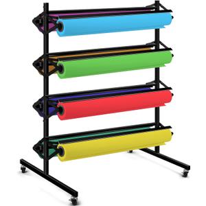Landhoow Large Paper Roll Holder- Dispenser Rack and Cutter, 8 Racks for Large, 36 Inch, Craft, Gift Wrap and Kraft Rolls, Mobile Rolling Organizer for Classroom Studio Retail(Black)
