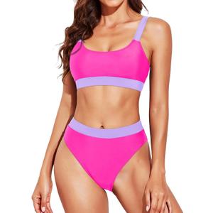 Tempt Me Women Two Piece High Waisted Bikini Swimsuits with Bottoms Teen Scoop Neck Sport Bathing Suits (M, Hot Pink Purple)
