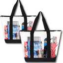 [Pack Of 2] Clear Tote Bags for Work, Beach, Stadium, Security Approved With Zipper Closure, Black, 19" 14" 6"