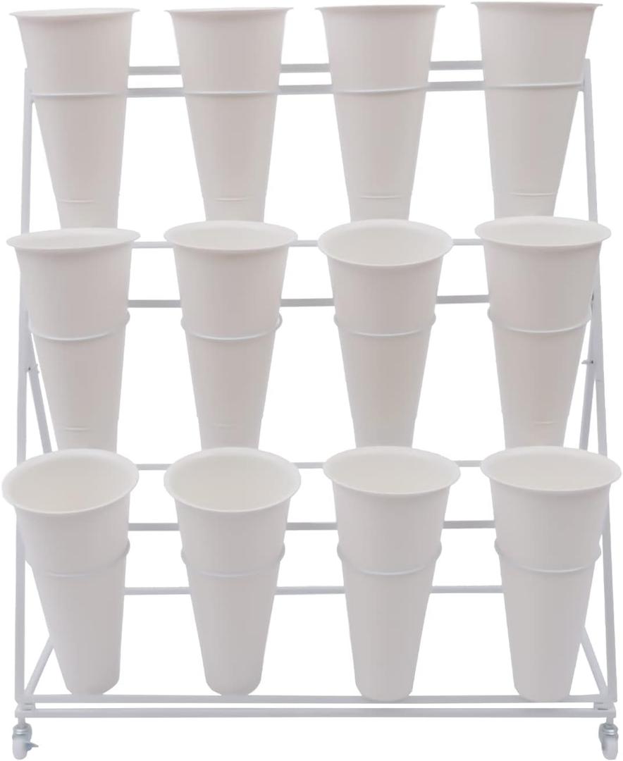 Metal Flower Stand 3 Layers with 12Pcs Buckets Flower Display Shelf Plant Multiple Potted Ladder Plant Holder Table with Wheels Indoor Outdoor for Window Garden Balcony Living Room (White|stand+vases)