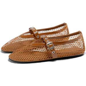 Coutgo Womens Mesh Ballet Flats Mary Jane Fishnet Ballerina Buckle Strap Comfortable Causal Dress Shoes (9.5, Brown)