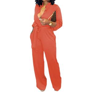 Women Jumpsuits For Elegant Sexy V Neck Long Sleeve Casual for Work Wide Leg Pants with Pockets Belt, Large