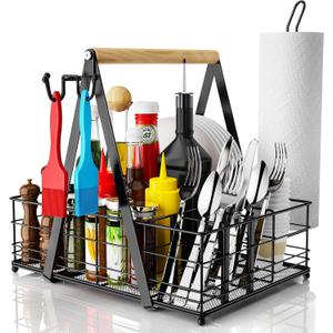 Grill Caddy, BBQ Caddy for Outdoor Grill with Paper Towel Holder, Picnic Camper Accessories for Outdoor Kitchen, RV Patio Tailgate Essentials, Grilling Gifts for Men, Barbecue Tool Sets