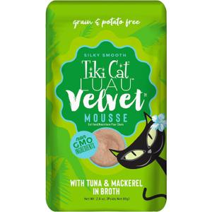 Tiki Cat Luau Velvet Mousse, Tuna & Mackerel in Broth, Complete Nutrition for Balanced Diet, Wet Cat Food For All Life Stages, 2.8 oz. Pouch (12 Count)
