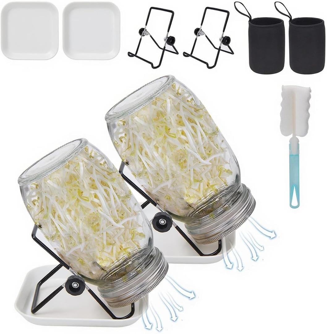 2Pack Sprouting Kit,1000ml Sprouting Jar with Mesh Lids and Stands, Microgreens Sprouts Growing Kit, Broccoli Sprouts Seeds Sprouting Jars with Screen Lids,Blackout Sleeves, Tray