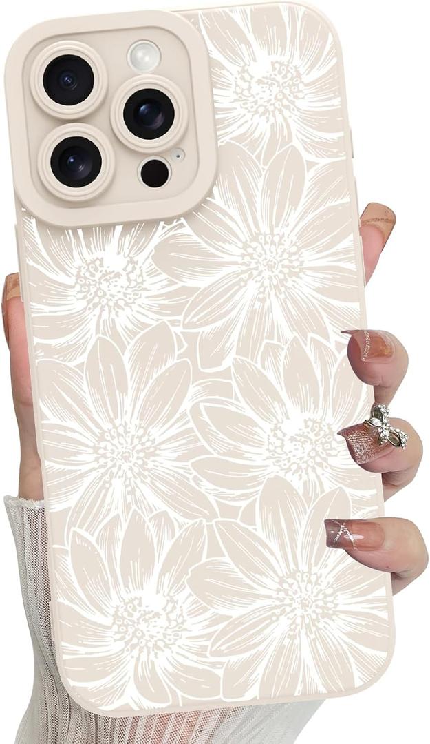MZELQ for iPhone 16 Pro Case, Silicone Floral Flowers Sunflowers Cute Pattern, Camera Protection Soft Slim Phone Cover for Girls Women -White