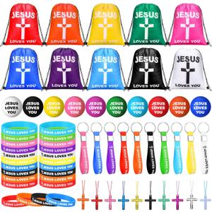 100 Pcs Jesus Loves You Party Supply for Adults Bulk Christian Gift with Drawstring Backpack Bracelets Keychains Cross Necklaces for Graduation Easter Church Religion Gift(Multicolor)