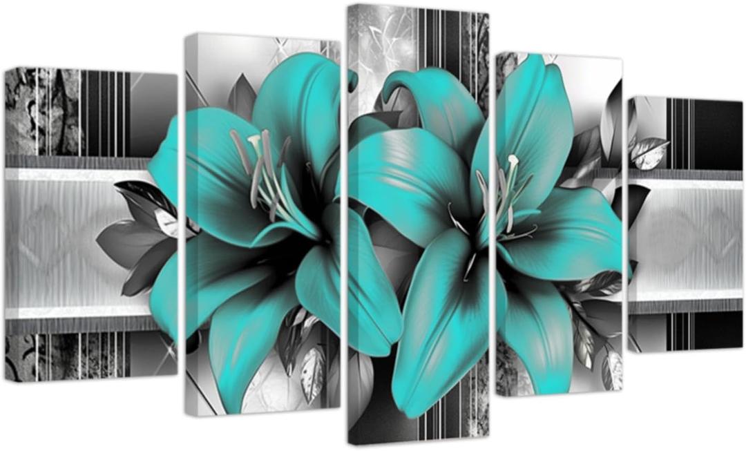 CXHOSTENT Large Floral Canvas Wall Art 5 Pieces Lily Pictures Prints Abstract Flower Painting Framed Artwork Modern Bedroom Gallery Wall Decor (Teal, 16"x24"x2 16"x32"x2 16"x40"x1)