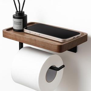 Toilet Paper Holder with Walnut Wood Shelf  Adhesive or Wall Mounted Bathroom Storage Organizer, Rustic Modern Wood and Metal Roll Rack for Small Spaces, RV, Guest Toilet