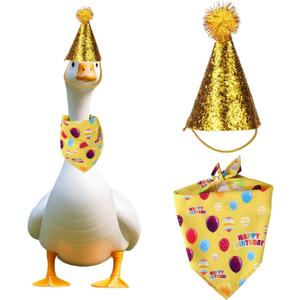 3 x Happy Birthday Porch Goose Outfit, Glitter Hat and Triangular Bandana Set for 23"/ 17'' Goose Costume Clothes for Outdoor Yard Garden Lawn Statues Art Decoration (Yellow)