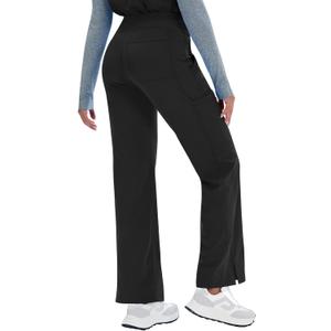 Women Yoga Scrub Pants Straight Mid Rise Elastic Waist Cargo Work Pants with Five Pocket 4-Way Stretch (Black)