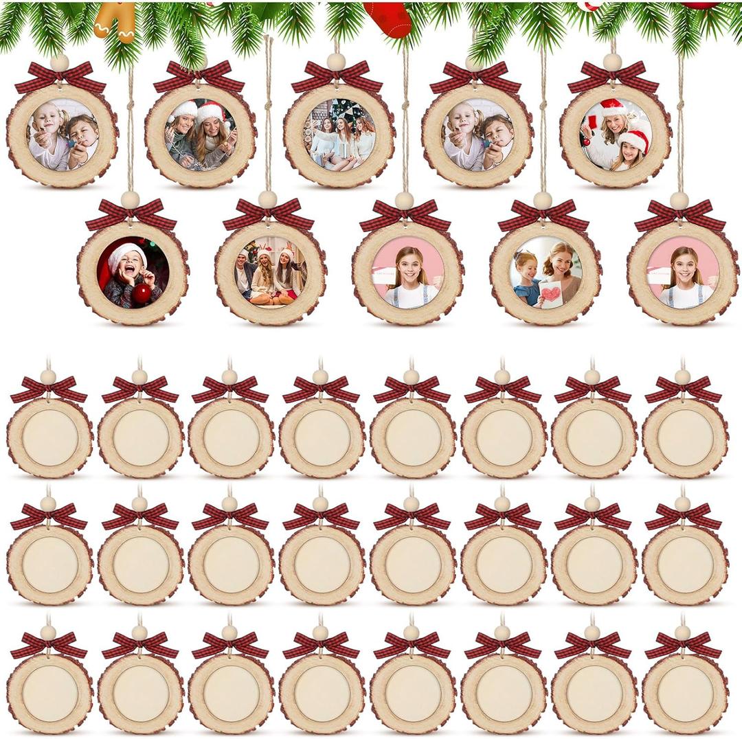 Wonderjune Round Picture Frames wooden Christmas Picture Frame Ornaments for Christmas Tree Hanging Photo Ornaments Using My Own Photos (Bow)