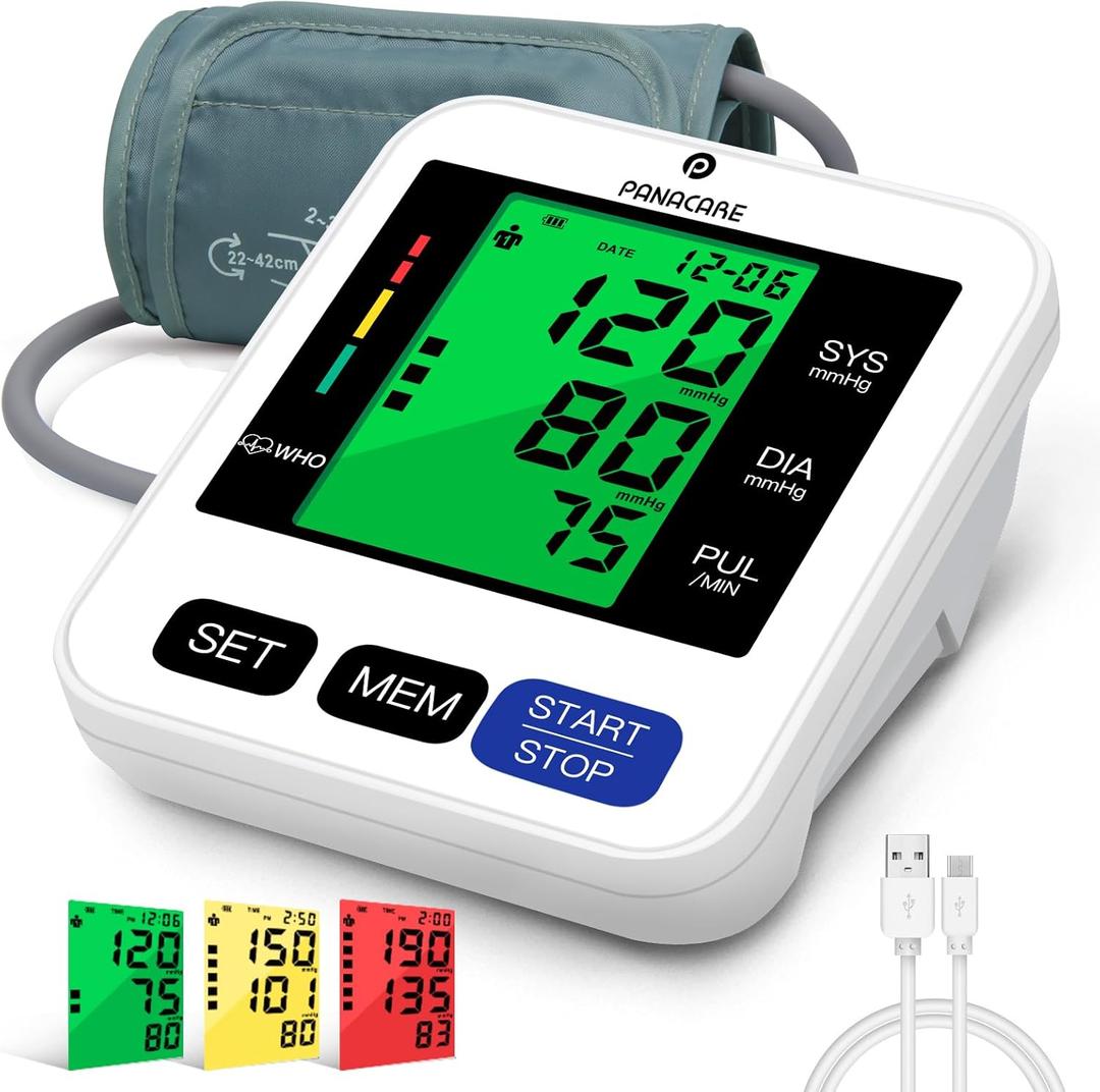 Blood Pressure Monitor Upper Arm Blood Pressure Machine for Home Use BP Cuff Kit, Large 3-Color 3.4'' Display with Backlight, Pulse Rate Detection Meter with Cuff 22-42cm/ 2×99 Sets Memory (Black)