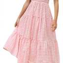 ZESICA Women's 2025 Bohemian Summer Plaid Square Neck Puff Sleeve Ruffle Flowy Beach Midi Dress (Medium, Pink)