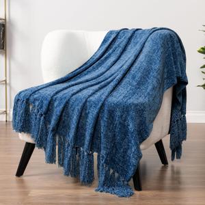 PAVILIA Blue Chenille Throw Blanket for Couch Sofa, Soft Knit Throw with Tassel, Decorative Blanket for Bed Chair Living Room, Blue 50x60
