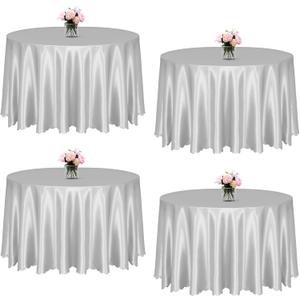KKJIAF 4 Pack Silver Satin Round Tablecloth 108 Inch, Silky Satin Round Table Cover, Overlay Dining Table Cloths for Wedding Buffet Parties Banquet Decoration