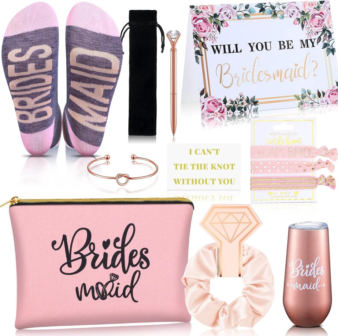 Yexiya 13 Pcs Bridesmaid Proposal Gifts Set Will You Be My Bridesmaid Gift 6 oz Stainless Steel Wine Tumbler Socks Scrunchie Pen for Engagement Wedding Bachelorette Party Supply(Elegant)