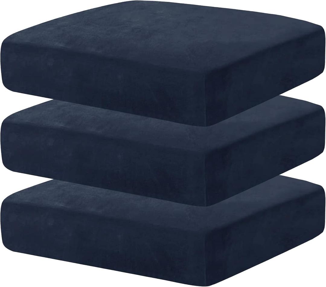 MAXIJIN Velvet Stretch Cushion Covers Fitted Couch Cushion Slipcovers Sofa Seat Cushion Covers for Individual Cushions with Elastic Bottom (3 Piece Sofa Seat Slipcovers, Navy Blue)