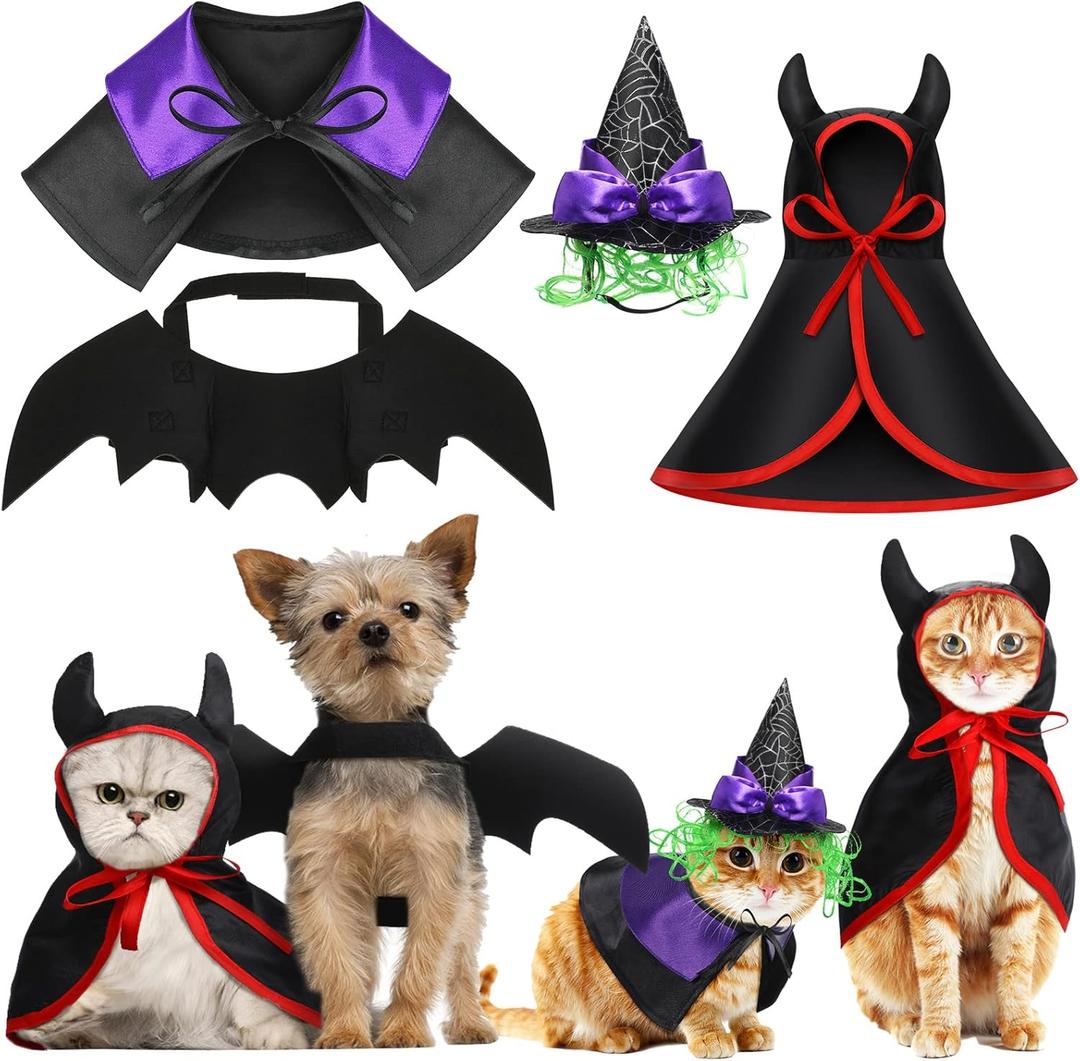 4 Pcs Halloween Pet Costume Cat Dog Wizard Costume Vampire Devil Cloak with Hat Bat Wings Wizard Hat Devil Cloak Cat Small Dogs Outfits for Halloween Party Pet Cosplay