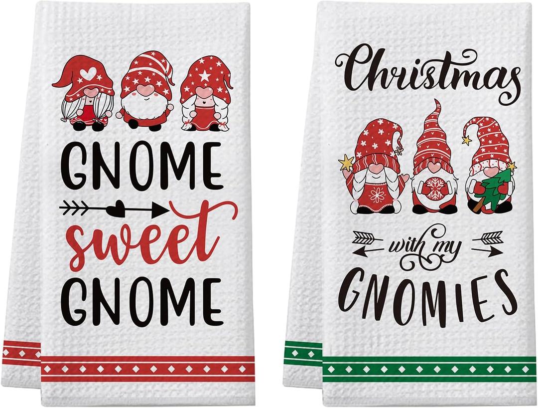 Gnome Christmas Kitchen Towels, 2 Pack Funny Holiday Dish Towels, Holiday Collection Gnomie Gift, Gnome Bathroom Hand Towels, Cute Christmas Kitchen Decorations, White Elephant Gifts for Women Men (Sweet)