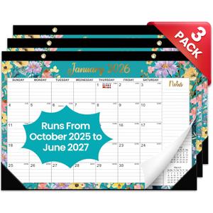 3 Pack of Desk Calendar 2026-2027, 21-Month Calendar Runs Unitl June 2027, Large 17" x 12" Monthly Desktop & Wall Calendar for Home & Office - Floral