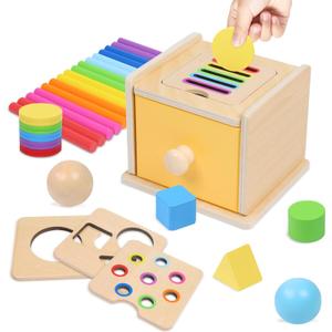 YHHYTOY Montessori Toys for 1+ Year Old, 4 in 1 Object Permanence Coin Box, Ball Drop Color Sorting Sensory Fine Motor Skills Toys Shape Sorter for Toddlers 1-3, Gifts for 1 2 3 Year Old Girls Boys