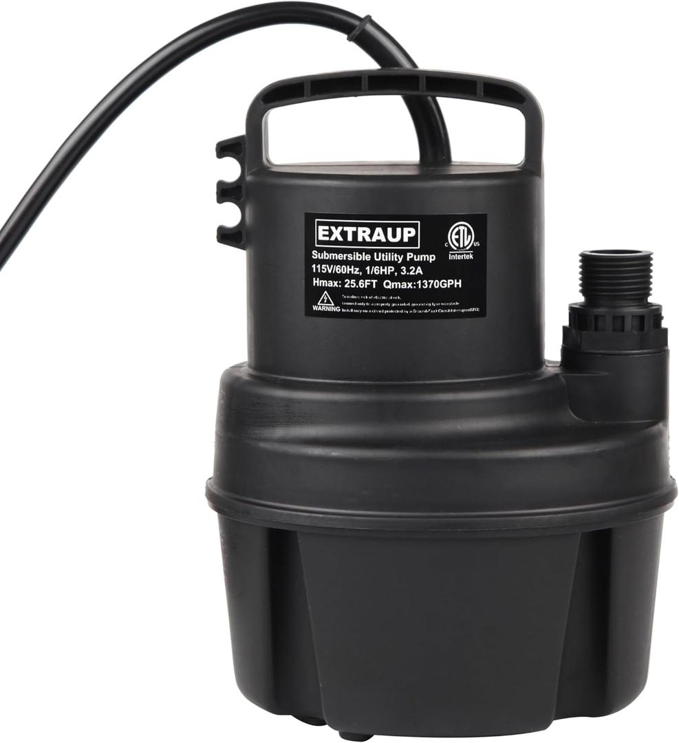 1/6 HP 1370GPH Portable Submersible Utility Pump Low Suction Electric Clean Pool Cover Basement Flood Drainage Water Transfer Pump Black