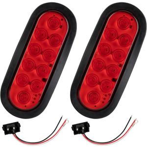 2PCS 6 Inch Oval Red LED Trailer Tail Lights, 10 LEDs Stop/Turn/Brake Lights with Surface Mount Grommets, DOT Certified IP67 Waterproof for Truck RV Boat Trailer Bus
