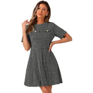 Allegra K Women's Elegant Short Sleeve A-line Dresses Plaid Tweed Dress, S