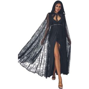 Unicra Lace Full Length Hooded Cloak Long Cape Halloween Costume Cloak Cosplay Party Cape for Women (Black)