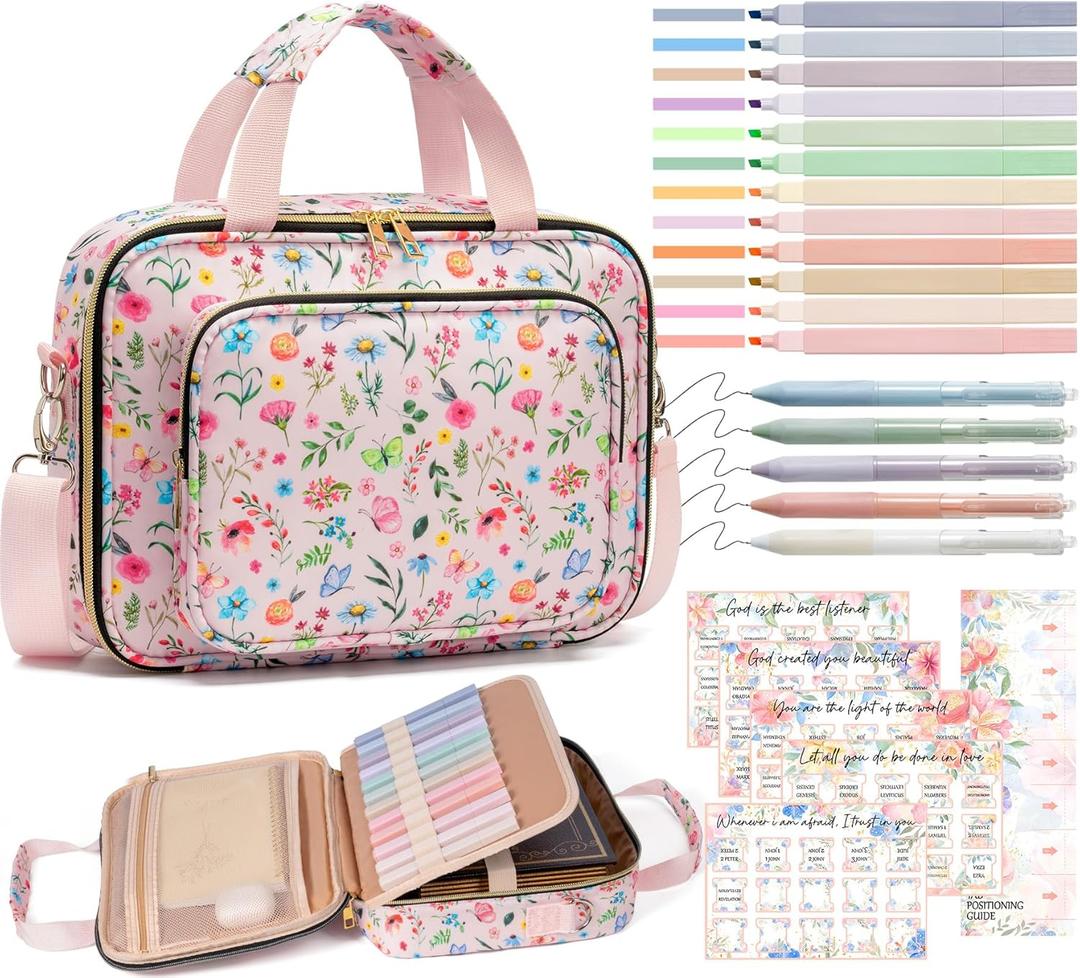 Bible Cover Case for Women, Large Bible Bag w/Shoulder Strap, Bible Study Supplies Journaling Kit Pink Book Carrying Case with Pastel Highlighter Tabs, Valentines Day Christian Gifts for Women Her Mom