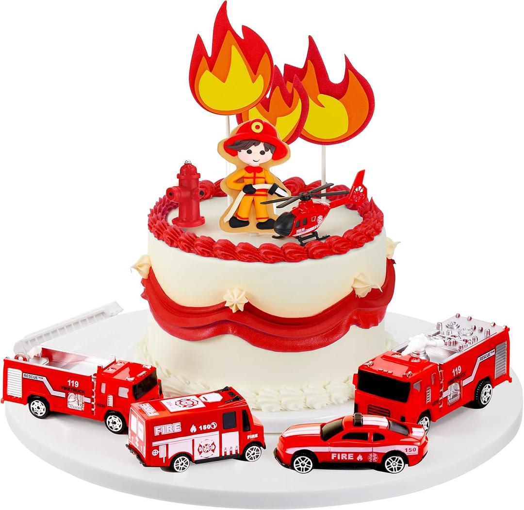 15 Pieces Fire Truck Cake Topper Fireman Cupcake Firetruck Birthday Decorations for Fireman Fire Trucks Birthday Party Cake Decoration Supplies