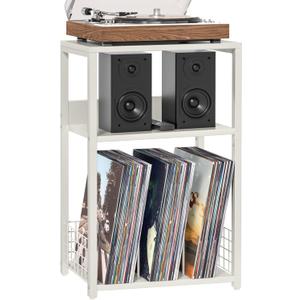 LELELINKY Large White Record Player Stand, 3 Tier 18" Wide Big End Table with Vinyl Storage Up to 130 Albums, Industrial Turntable Printer Tables, Modern Side Tables for Living Room, Bedroom, Office