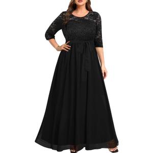 Women's Plus Size Lace Chffon Long Maxi 3/4 Sleeve V-Back Formal Dress (Black), 16 Plus 
