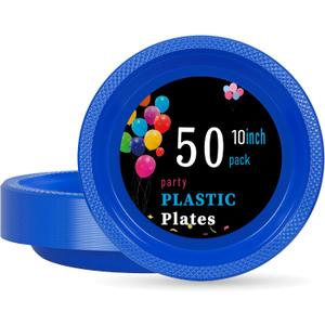 WELLIFE 10 Inch Royal Blue Plastic Plates 50 Count Disposable Plate for Party, Large Big Plates for Dinner Party Supplies Birthday Camping BBQ