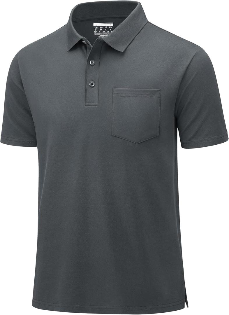 MAGCOMSEN Mens Polo Shirts with Pocket Cotton Pique Short Sleeve Collared Shirt Moisture Wicking Golf Shirts 3-Button Shirts (M)