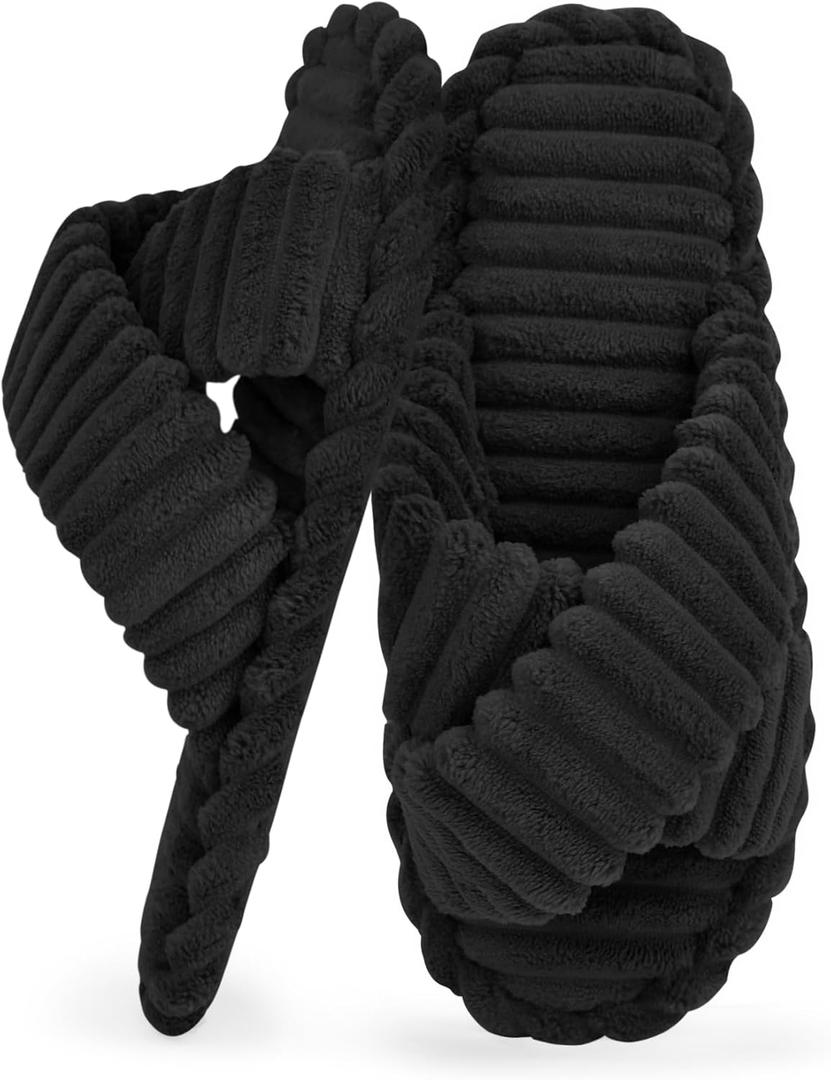 ZOORON Women's Cozy Slippers Crossbands & Memory Foam - Soft Plush Lined Non-Slip Indoor Outdoor Open Toe Shoes Trendy Gift (Black), One Size