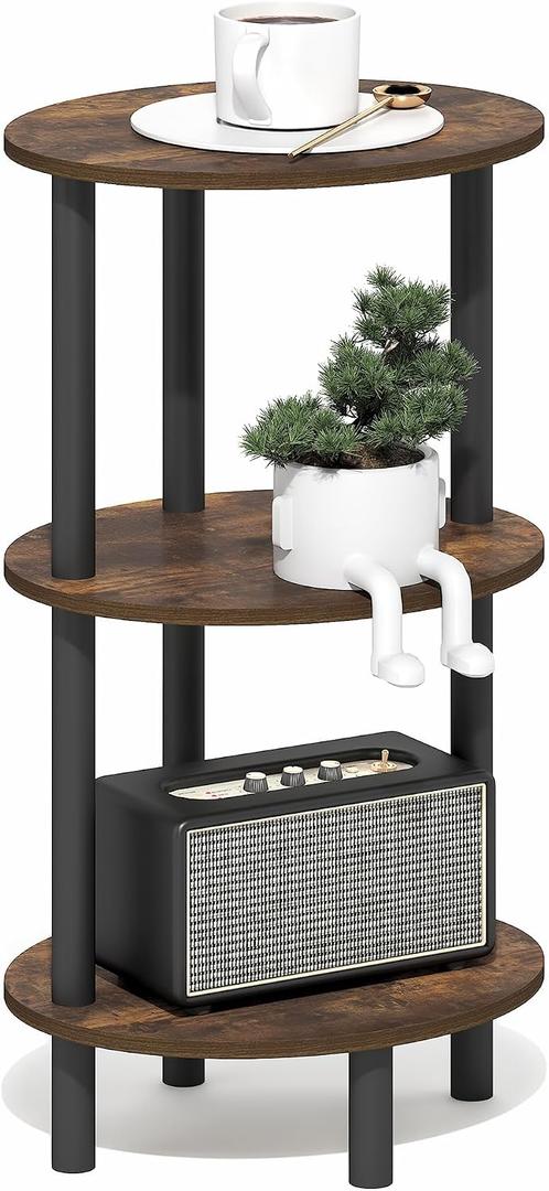 Furinno Turn-N-Tube Side Table, 3-Tier Oval End Table, Night Stand, Bedside Table, for Living Room, Bedroom, Amber Pine/Black, 1-Pack, Plastic Frame, 3-Tier, 27.6 Inches Tall