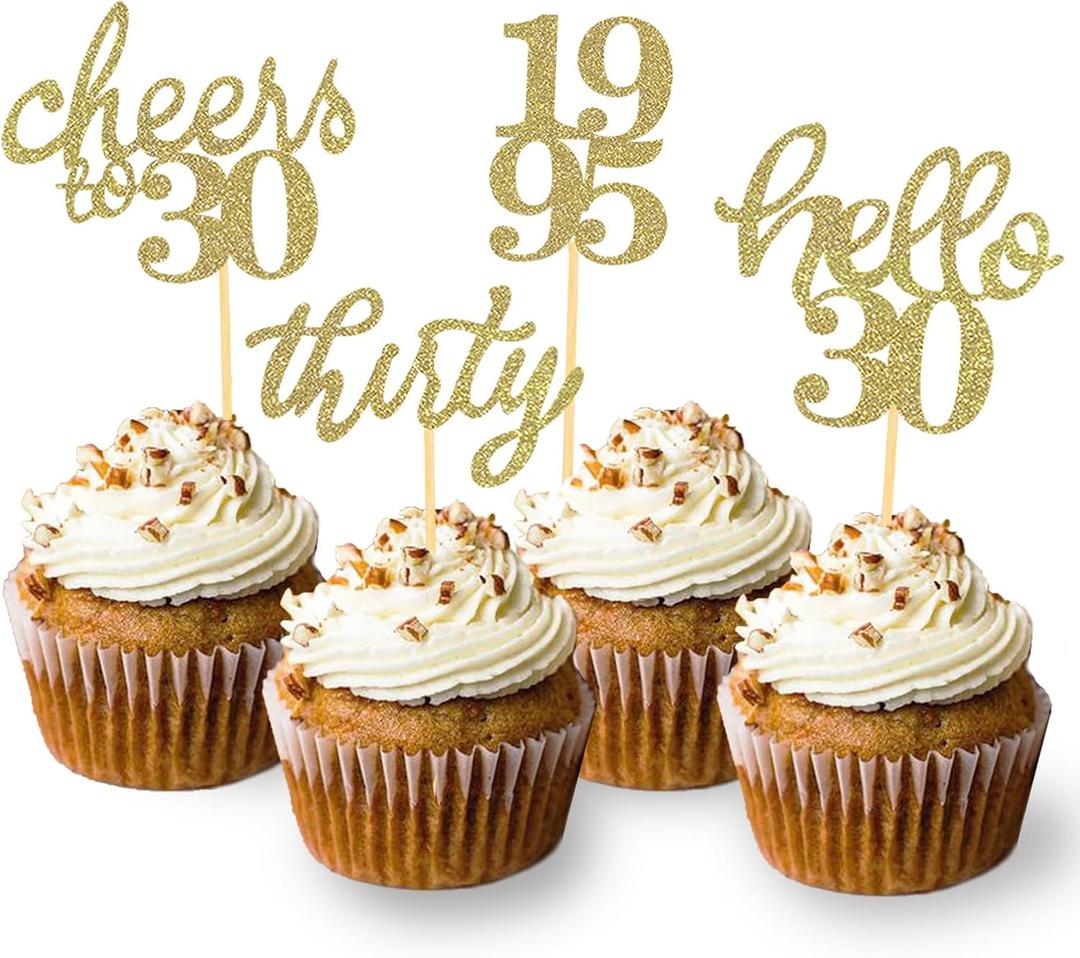 24 PCS Gold Glitter 30th Birthday Cupcake Toppers for Celebrating Thirty Years Old Birthday Party Decorations for 30th Anniversary Party Supplies