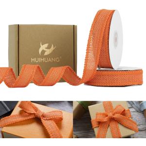 HUIHUANG Orang Burlap Ribbon 1 inch x 20 Yards Natural Jute Ribbon for Gift Wrapping Burlap Fall Ribbons for Crafts Decor Wreaths Bows Rustic Home Wedding Decor Easter Basket Decor (No Wire)
