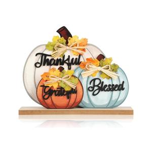 3 Pcs Fall Pumpkin Decor Wooden Table Sign Thankful Blessed Grateful Tabletop for Autumn Farmhouse Vintage Thanksgiving Harvest Party Rustic Home Room Table Shelf Halloween Decorations