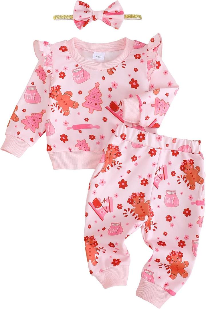 Mioglrie Toddler Baby Girl Clothes Fall Winter Sweatsuit Newborn Sweatshirt Sweat Pant Sets Outfits Infant Girls Clothing (6-12 Months, Pink Christmas)