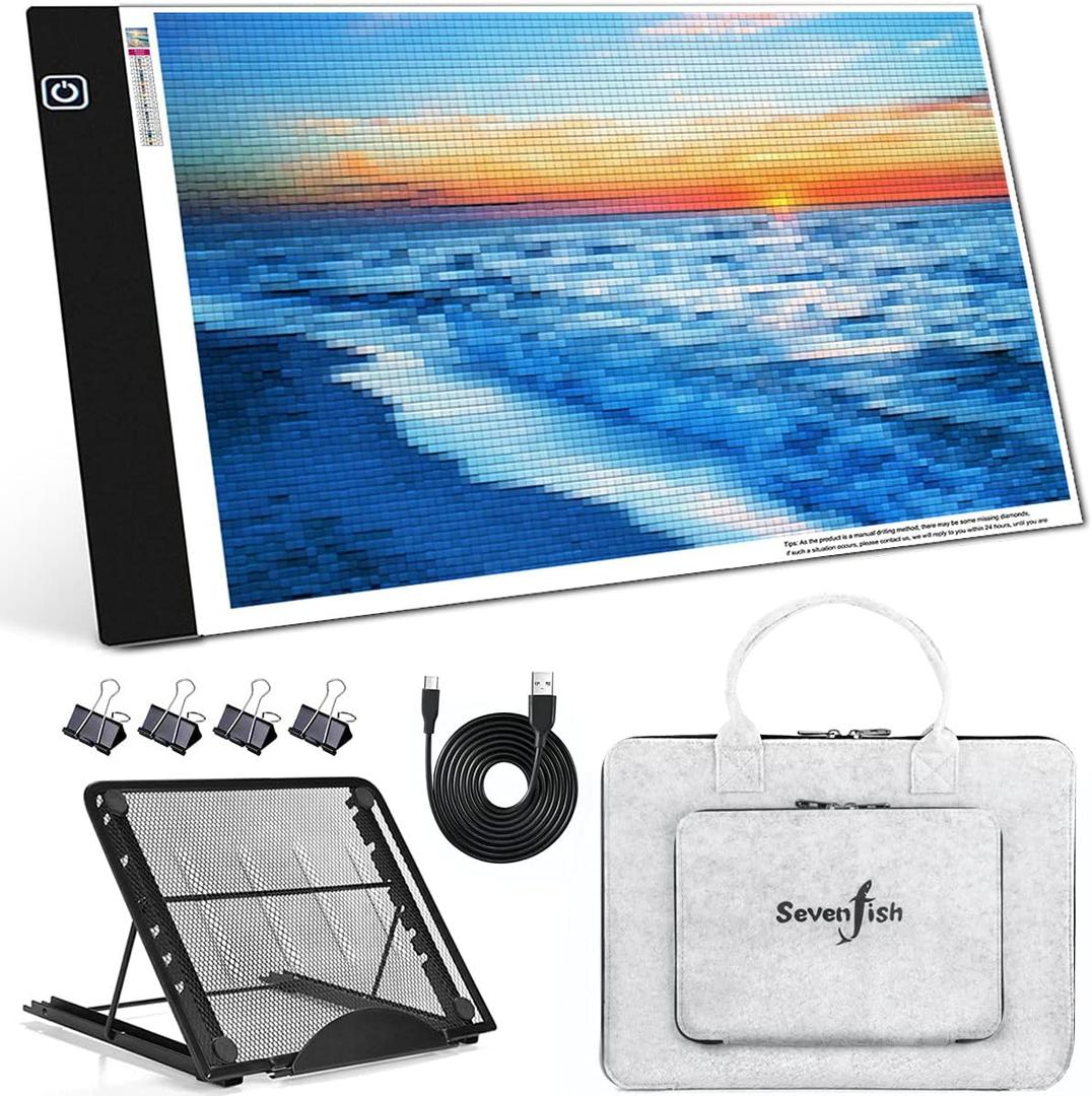 SevenFish Diamond Painting Tools A4 LED Light Pad, Stand, Handbag, USB Powered Ultra-Thin Adjustable Brightness Light Board Light Box for Drawing, Tracing, Sketching, 5D Diamond Art Painting