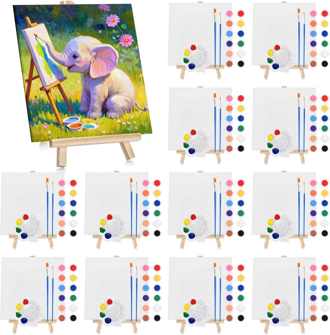 12 Set Acrylic Paint Canvas Set  6x6 Inch Mini Canvas Painting Kit with 12 Wood Easels, 24 Brushes, 12 Paint Sticks, 12 Palettes  Art Supplies for Beginners, Ideal for Parties & DIY Painting