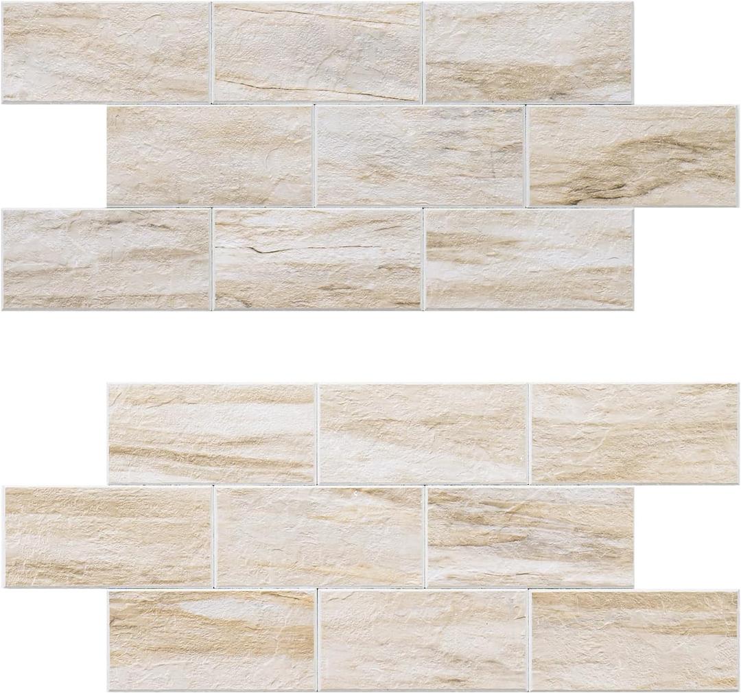 20-Sheet Peel and Stick Backsplash, Subway Tile Wall Tiles 13.5" x 5.8" 3D PVC Adhesive Stick on Tile Stick for Kitchen Fireplace (Greek Beige Marble)