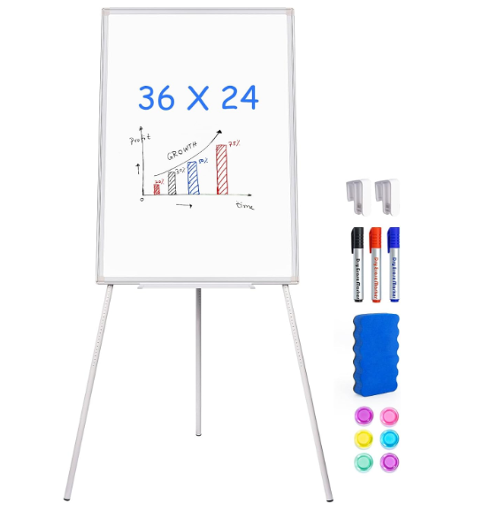 Maxtek Easel Whiteboard 36 x 24 in, Stand Tripod with Height Adjustable3' x 2' Magnetic Dry Erase Surface, Flipchart Stand, Portable Tripod Easel for Office, Teaching, Home and Classroom