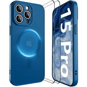 YFEMLAZ Magnetic for iPhone 15 Pro Case,with Screen Protectors X2,Full Camera Protection,Compatible with MagSafe,Translucent Matte,Anti-FingerprintShockproof Protective Phone Case,6.1",Blue